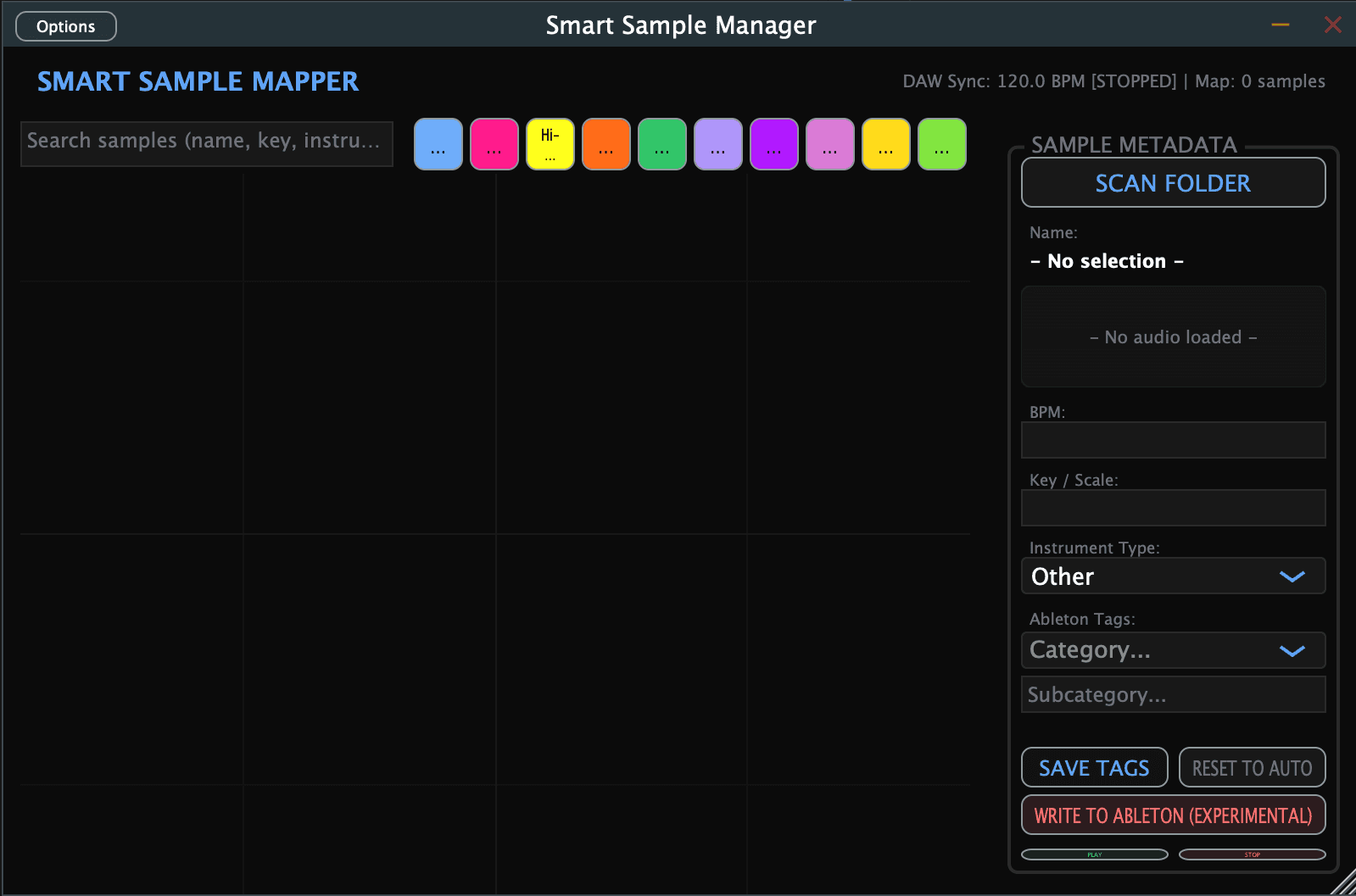 SLO list view showing sample browser layout, categorised tags, spectral analysis and transient points